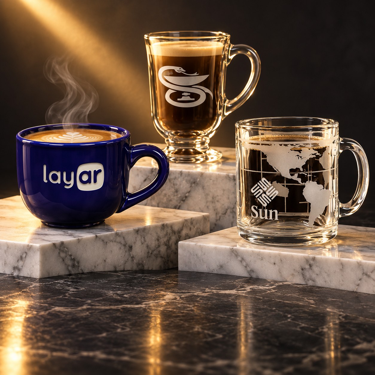 Deep etched coffee mugs staged on marble plinths