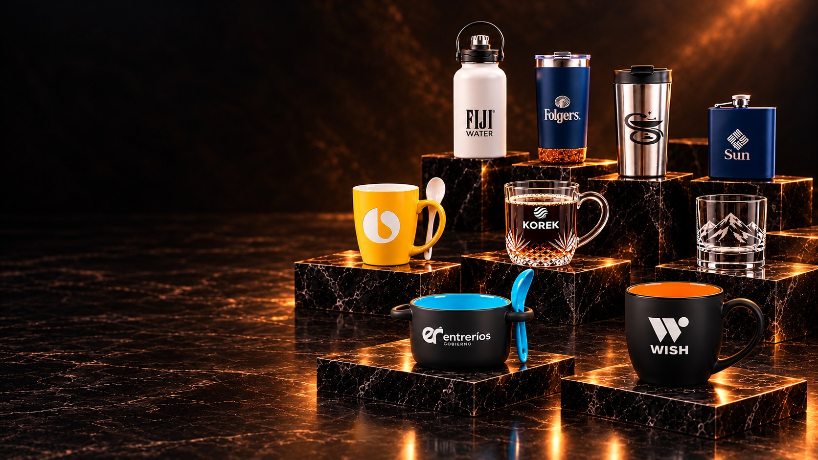 Four branded coffee mugs and other drinkware staged on separate black marble plinths